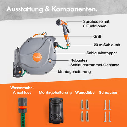 VonHaus Schlauchtrommel 20 m, Wandmontage, automatische Aufrollung
