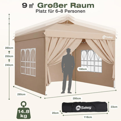 Sekey Pop Up Pavillon 3x3 m, wasserdicht, mit Seitenwänden, beige
