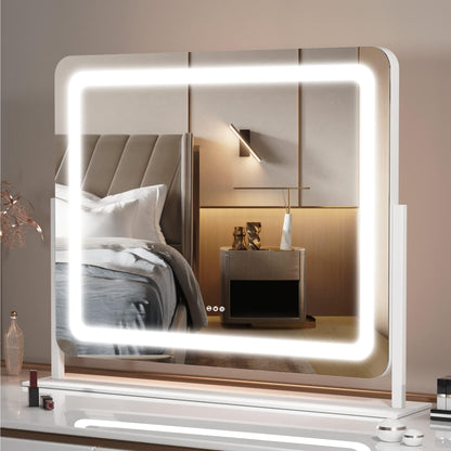 Hasipu Schminkspiegel mit Beleuchtung, 55 x 45 cm LED Kosmetikspiege mit 10x Vergrößerung, 3 Farbtemperatur Licht, Dimmbar, Smart Touch Control Tischspiegel, 360° Drehung, Spiegel für Make-up Weiß