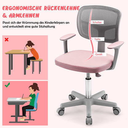 COSTWAY Kinderschreibtischstuhl drehbar mit Rollen - Rosa