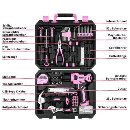 DEKO Werkzeugkoffer 126-teilig mit 8V Akkuschrauber, Rosa