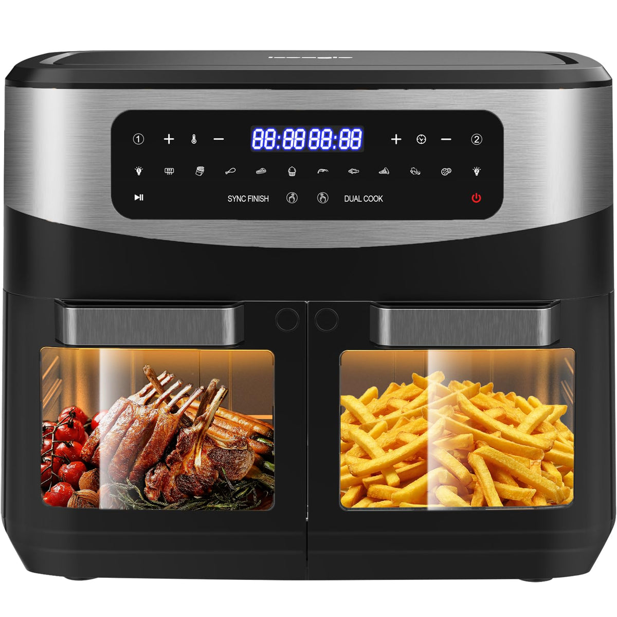 iceagle Heissluftfritteuse 12L Doppelkammer Airfryer KDF-5511DTW mit Sichtfenster und LED-Touchscreen