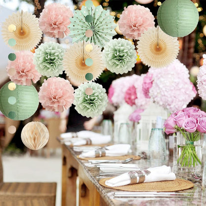 FETETIJD Party Deko Set Salbeigrün Rosa, Pompoms & Papierfächer