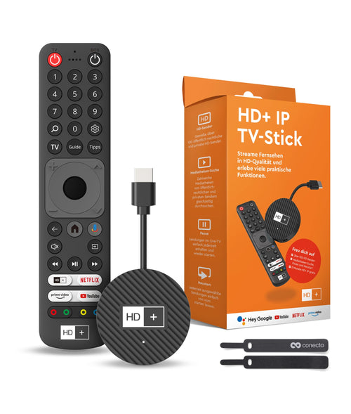 HD+ Stick TV-Receiver – 3 Mt. HD+ gratis & conecto Kabelbinder. Kompakter schwarzer HDMI-Stick zum Empfang von HD+-Signalen am TV.