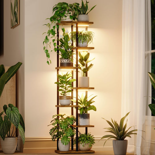 Bamworld Blumenständer mit Pflanzenlampen, 7-stufig, Holz & Metall als Eckregal für Zimmerpflanzen