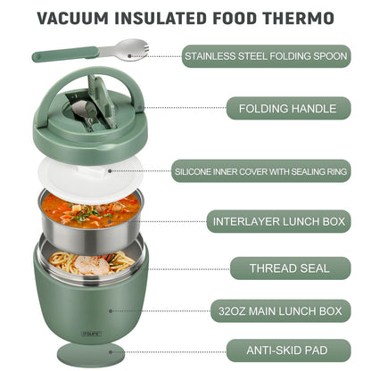 Itslife Thermobehälter für Essen 970 ml Edelstahl mit Löffel, Grün