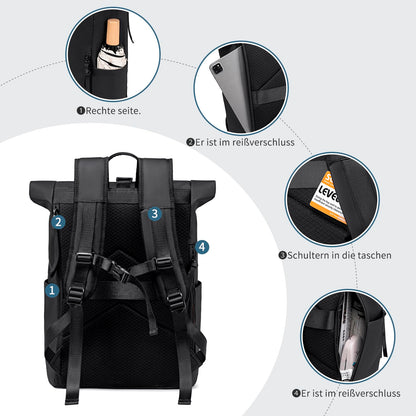 BJIAX Rolltop Rucksack wasserdicht, 17,3 Zoll Laptopfach, schwarz