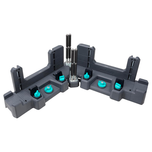 wolfcraft 2-in-1 Schmiege & Gehrungsschneidlade PRO - 6956000. Blaue Vorrichtung für Winkelmessung und Gehrungsschnitte an Leisten.
