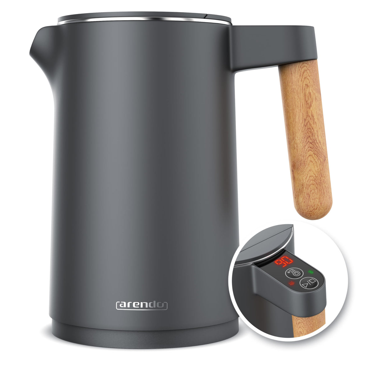 Arendo Wasserkocher Edelstahl mit Temperatureinstellung 1,5 L schwarz, doppelwandiges Gehäuse, Griff in Holzoptik