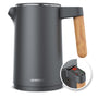 Arendo Wasserkocher Edelstahl mit Temperatureinstellung 1,5 L schwarz, doppelwandiges Gehäuse, Griff in Holzoptik