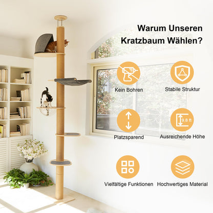 FUKUMARU Kratzbaum AT11, deckenhoch, 6 Etagen, Gummibaumholz, grau