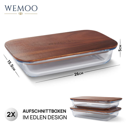 Wemoo Aufschnittboxen 2er Set aus Glas und Akazienholz, stapelbar