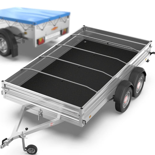 Tarpofix® Anhänger Flachplanenbügel Alu Teleskop 140-210 cm. Silberner Bügel stützt Flachplanen gegen Wassersäcke.