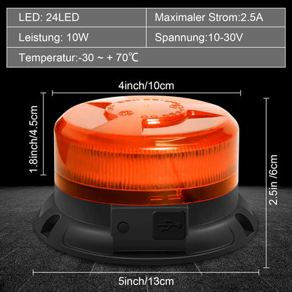 Dinfu LED Rundumleuchte Akku, gelbe Warnleuchte 12V mit Magnetfuss