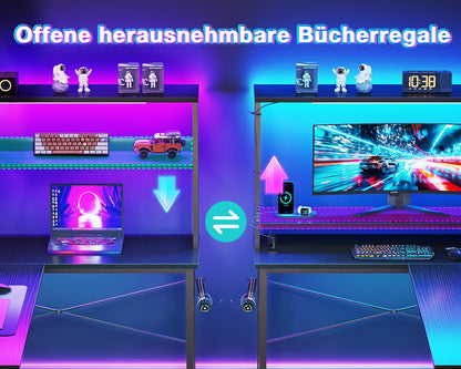 Coleshome Gaming Tisch L-Form mit LED und Steckdosen, Schwarz