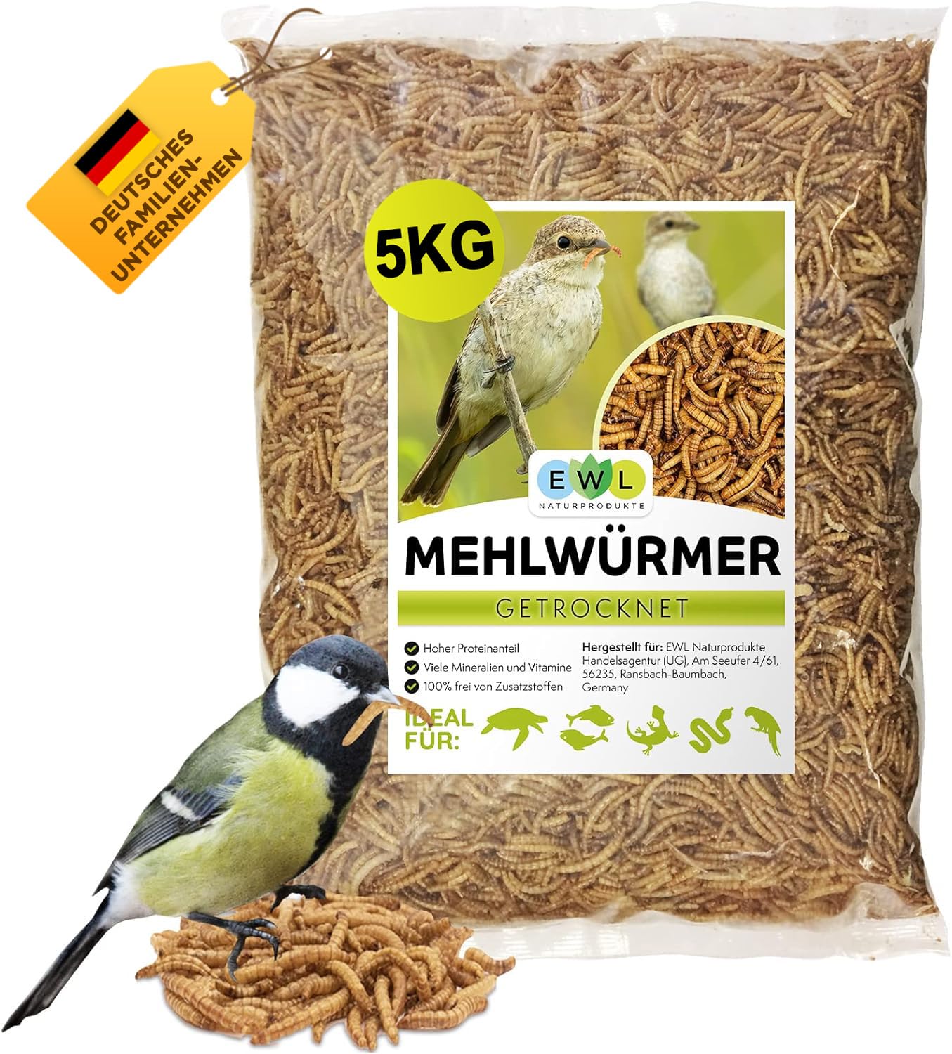 EWL Naturprodukte Mehlwürmer getrocknet Insektensnack 5kg: Braune, längliche Larven. Als proteinreiches Ergänzungsfutter für Vögel und Reptilien.
