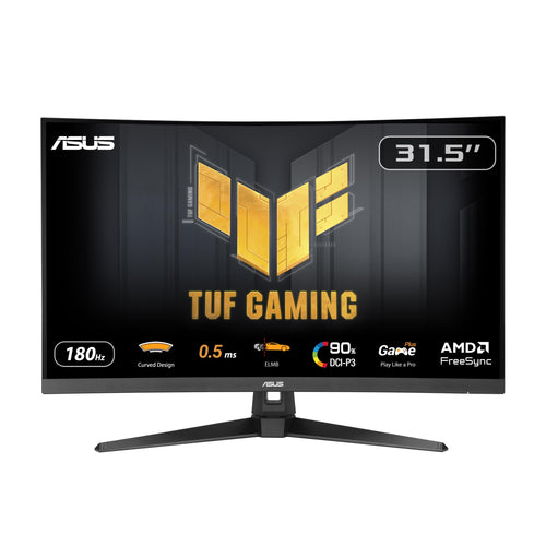 ASUS TUF Gaming VG32WQ3B Gaming Monitor - 32 Zoll WQHD Curved. Schwarzer, rechteckiger Curved-Monitor. Zeigt Gaming-Grafiken in WQHD.