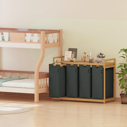 AdelDream Wäschekorb 200L mit 4 Fächern, Bambusrahmen, Grau