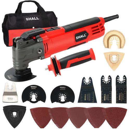 SHALL Oszillierendes Multifunktionswerkzeug 500W – Zubehör-Set, schwarz-gelb, zum Trennen, Schleifen und Fräsen von Holz, Metall.