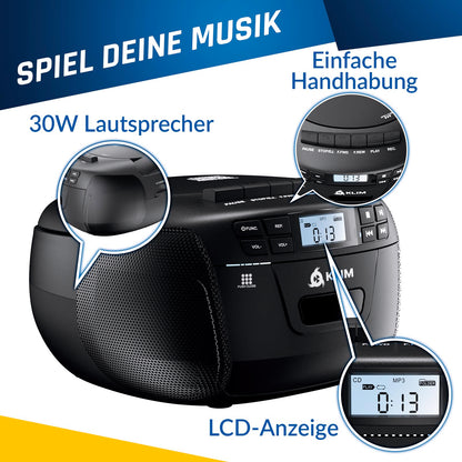 KLIM Boombox CD-Player mit Kassette, Radio, USB & Bluetooth
