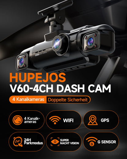 HUPEJOS 360° Dashcam Auto 4 Kanal FHD 1080P GPS WiFi Nachtsicht