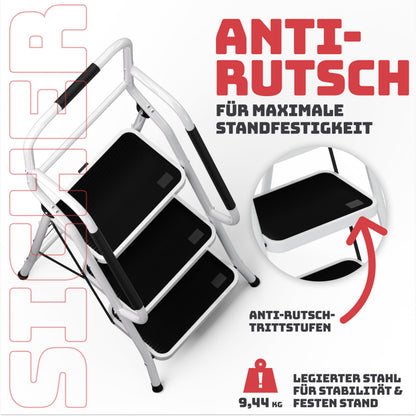 Sicherheitsleiter 3-Stufen klappbar mit Handlauf, Weiss – TÜV geprüft