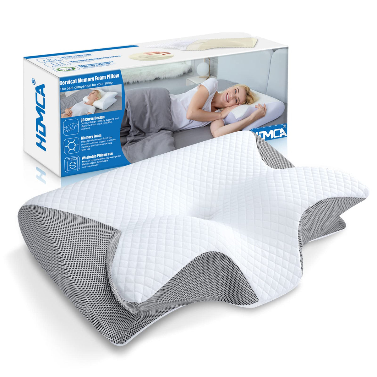 HOMCA Ergonomisches Nackenkissen Memory Foam 60x40 cm Grau, konturierte Form