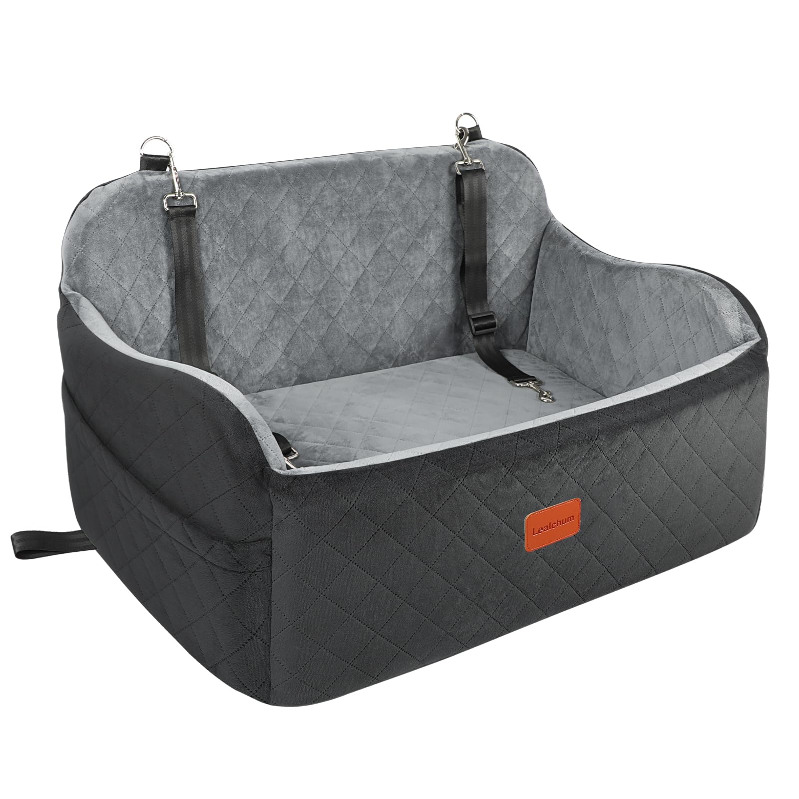Lealchum Hundeautositz für 2 Hunde (bis 55lb) - Black/Grey, Large. Rechteckiger Stoff-Sitz in Schwarz/Grau zum sicheren Transport von zwei Hunden im Auto.