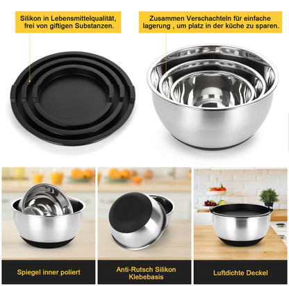 Bastwe Edelstahl Schüssel Set, 7-teilig, mit Deckel und Reibeaufsätzen