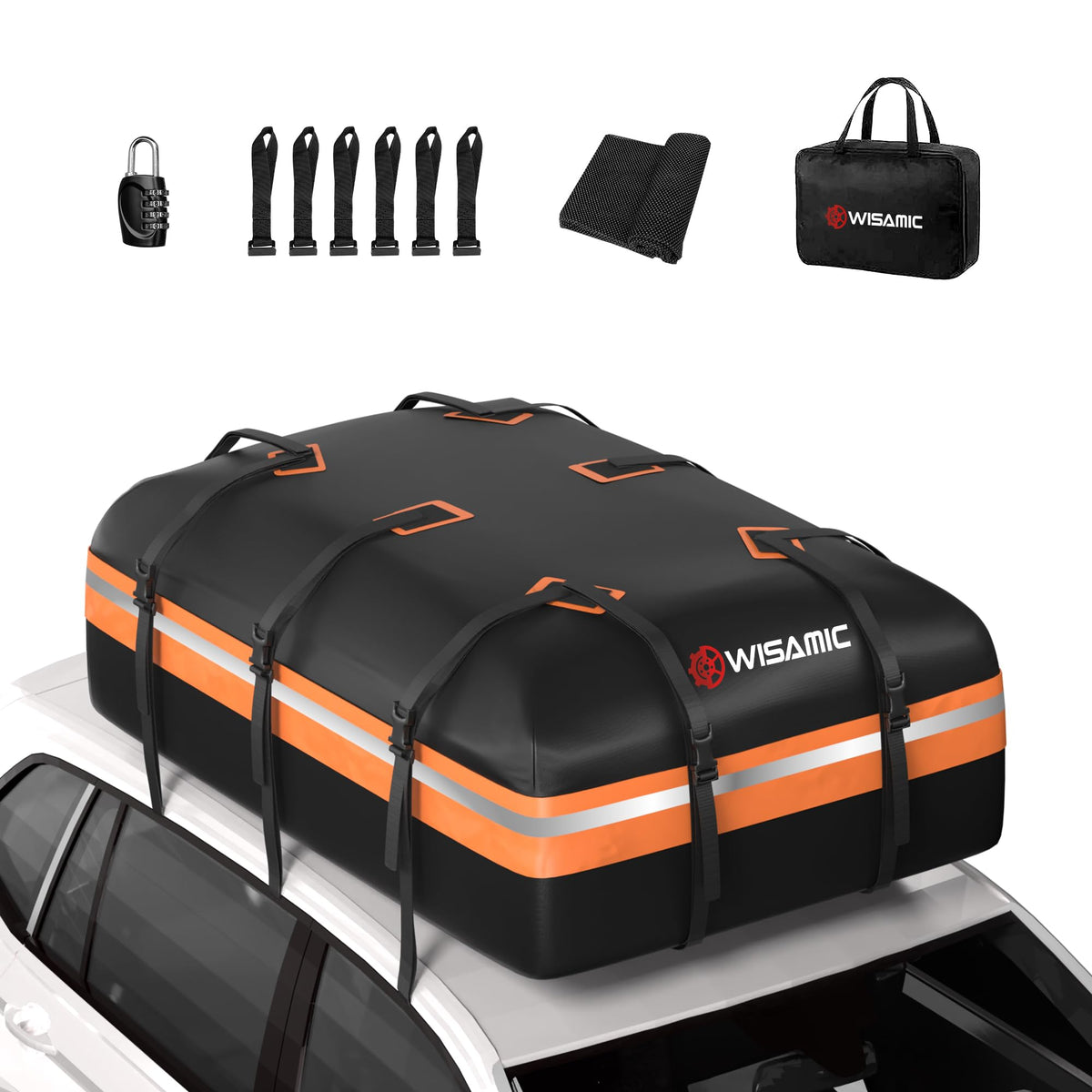 Wisamic faltbare Dachbox – 595L, wasserdicht. Schwarz, rechteckig. Transportiert Gepäck wettergeschützt auf dem Fahrzeugdach.