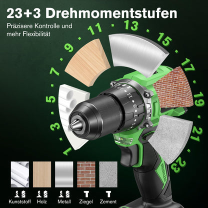 Ginour Akku-Schlagbohrschrauber 21V, bürstenlos, 50 Nm, 2x 2Ah Akkus