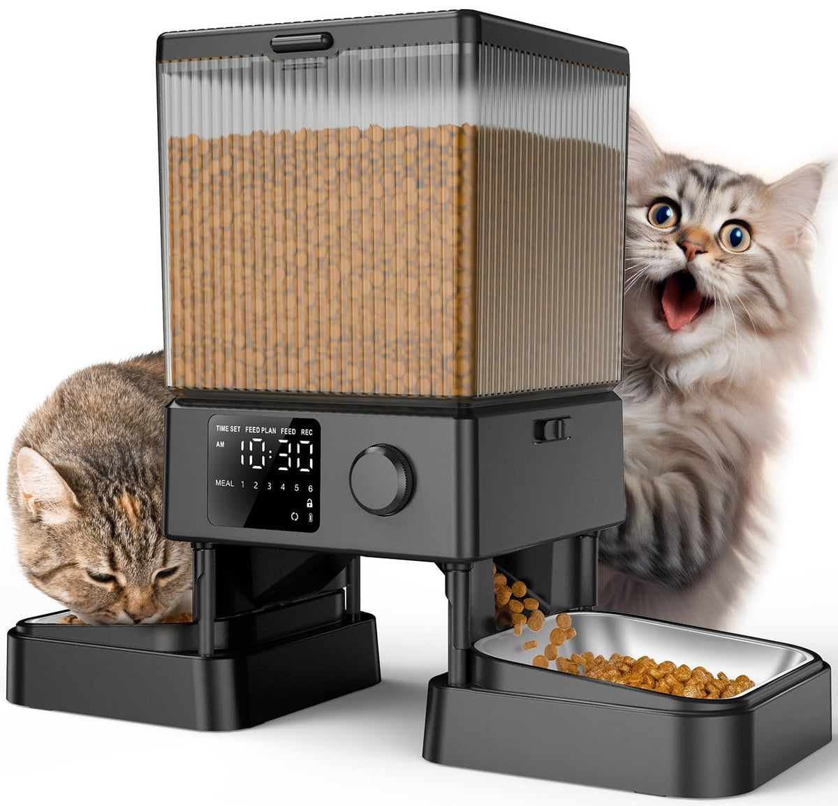 oneisall Futterautomat Katze 2 Näpfe, 5L mit Edelstahlschüssel – Futterspender mit Ein-Knopf-Bedienung