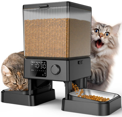oneisall Futterautomat Katze 2 Näpfe, 5L mit Edelstahlschüssel – Futterspender mit Ein-Knopf-Bedienung