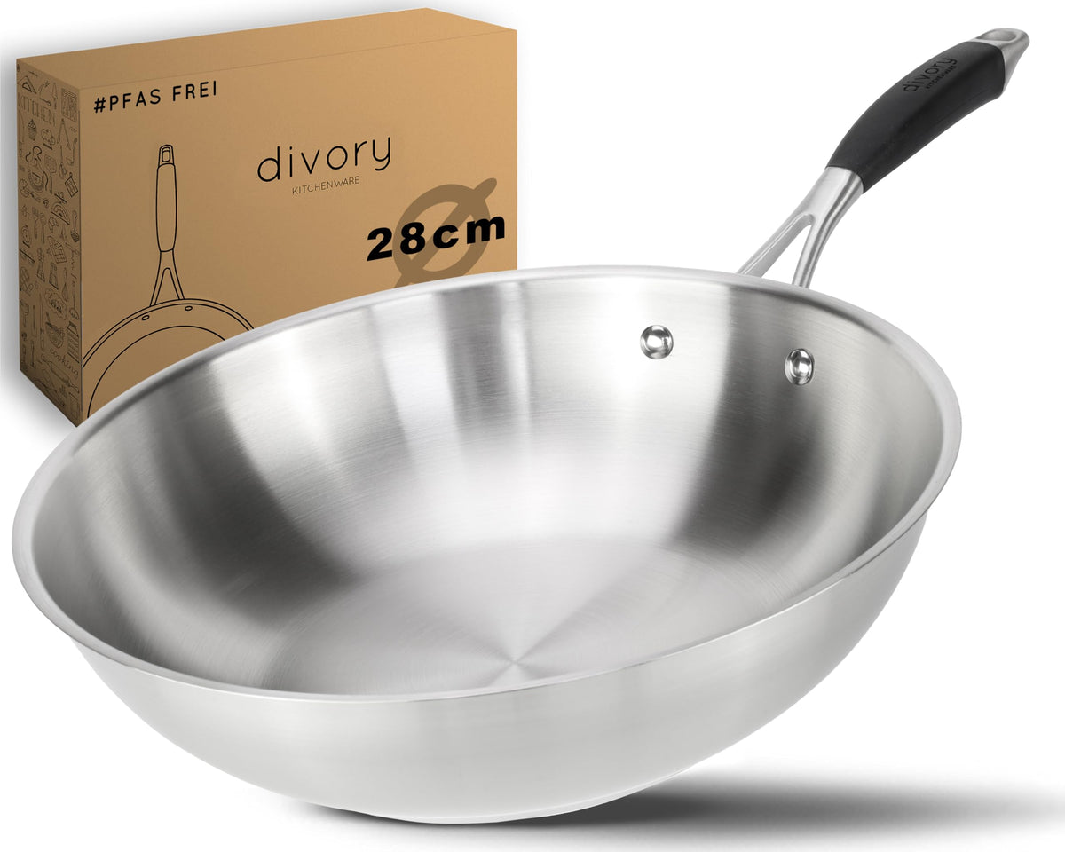 DIVORY PURA Wokpfanne unbeschichtet Induktion – 28 cm. Tiefe, silberne Edelstahlpfanne zum scharfen Anbraten auf Induktionskochfeldern.