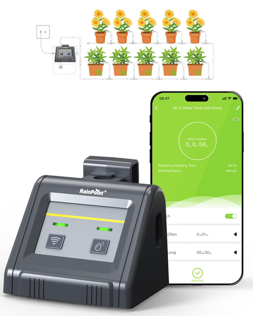 RAINPOINT WLAN Automatisches Tropf-Bewässerungssystem – für 10 Pflanzen. Weißes Steuergerät mit Schläuchen und Tropfern zur automatischen Bewässerung von 10 Pflanzen.