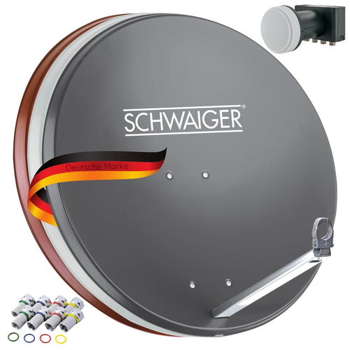 SCHWAIGER Satellitenschüssel Komplettset Quad LNB 75cm Anthrazit HD 4K: Runde, anthrazitfarbene Parabolantenne mit Quad LNB zum Empfang von HD- und 4K-Satellitensignalen.