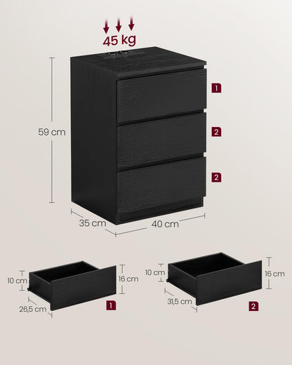 VASAGLE Kailyn Nachttisch 2er Set - Steckdosen, Schwarz LET831B56