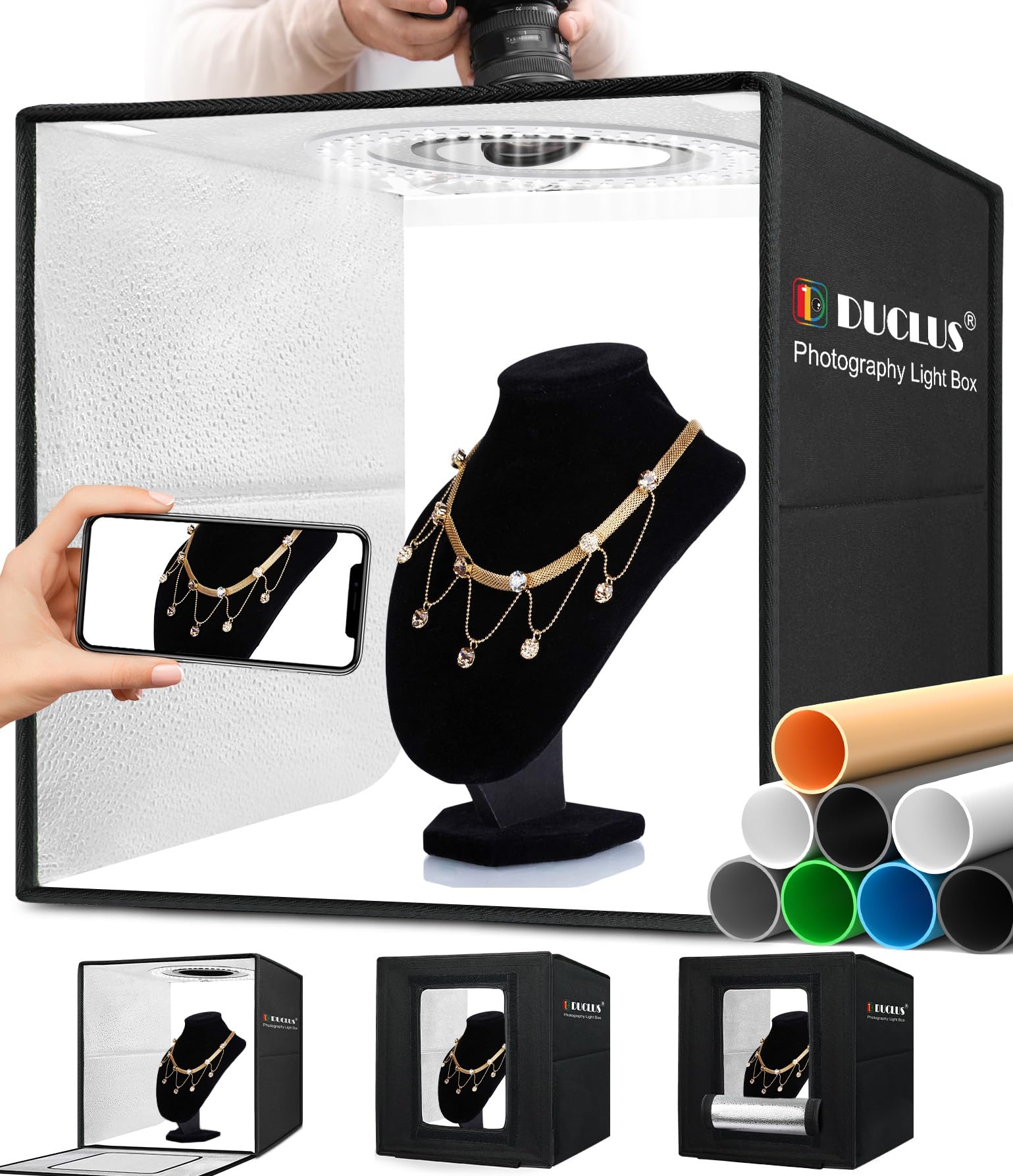 DUCLUS Fotobox 40x40 cm faltbar Lichtzelt Set - LED, 8 Hintergründe. Schwarzes, faltbares LED-Lichtzelt für Produktfotos.