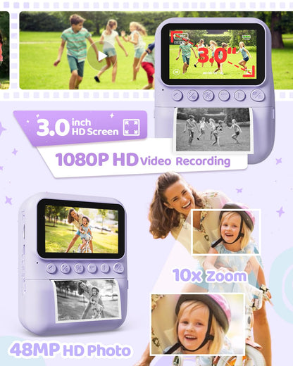 TIATUA Kinderkamera Sofortbildkamera 48MP mit 32 GB Karte, lila