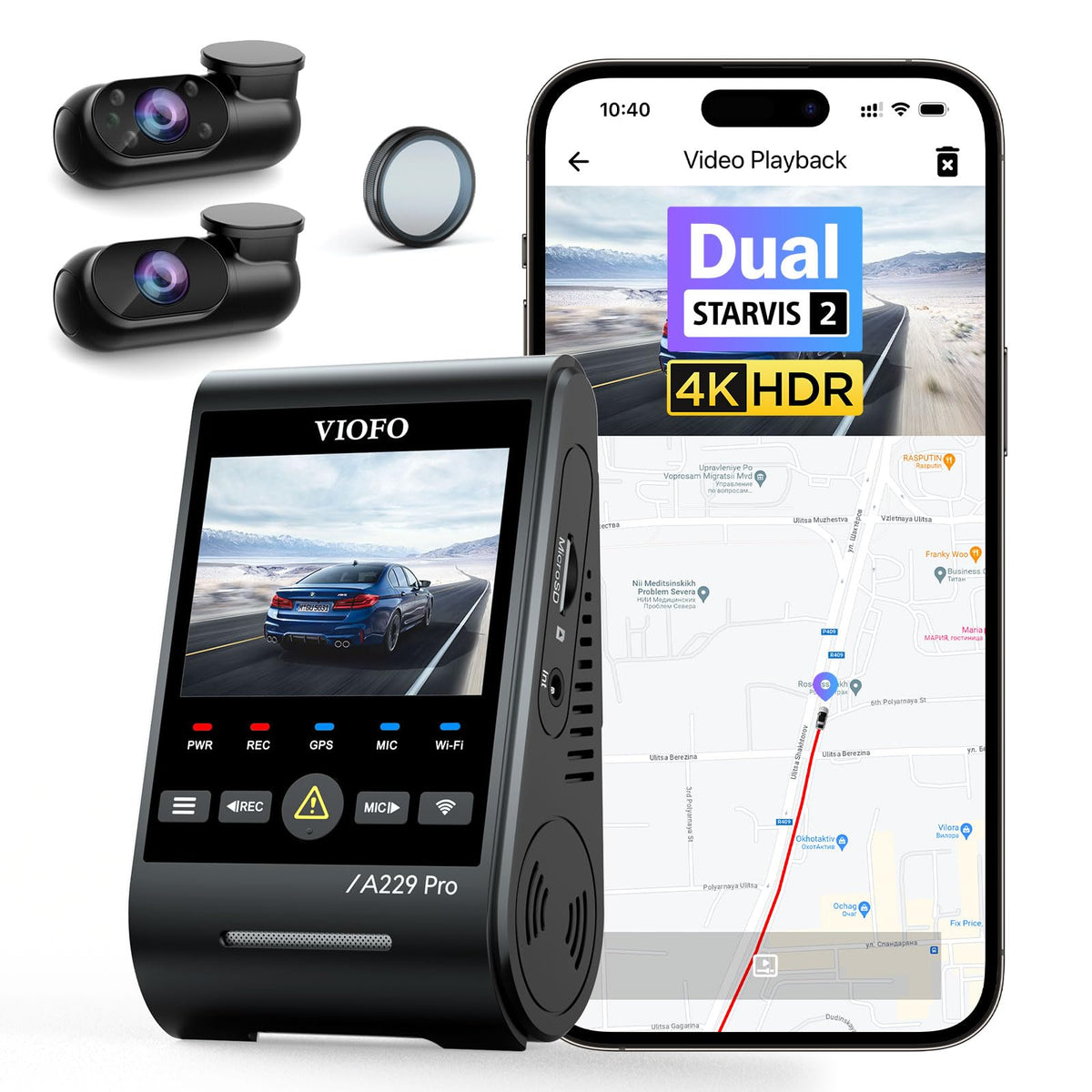 VIOFO A229 Pro 3-Lens 4K Dashcam - Vorne Hinten Innen. Dunkel. 4K 3-Kanal-Aufzeichnung der Fahrt für Beweissicherung.