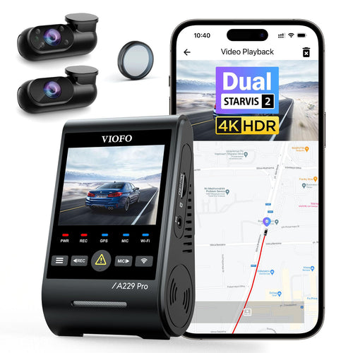 VIOFO A229 Pro 3-Lens 4K Dashcam - Vorne Hinten Innen. Dunkel. 4K 3-Kanal-Aufzeichnung der Fahrt für Beweissicherung.