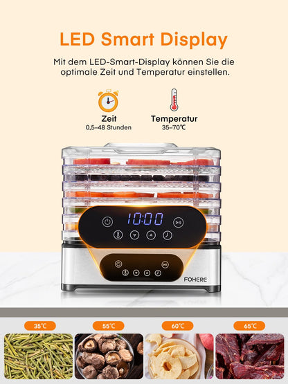 FOHERE Dörrautomat Edelstahl – 5 höhenverstellbare Tabletts