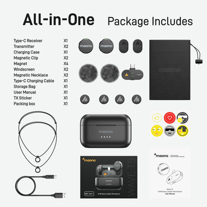 MAONO Wave T5 Wireless Lavalier Mikrofon USB-C mit Noise Cancellation