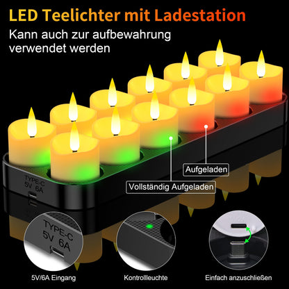 daphomeu LED Teelichter wiederaufladbar 12 Stück mit Ladestation