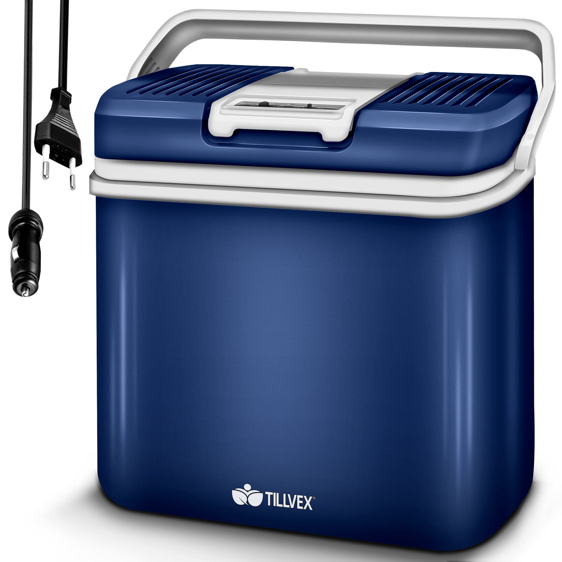 tillvex Kühlbox elektrisch 24L 12V/230V Kühlt & Wärmt – Blau. Rechteckige Box zum Kühlen/Warmhalten.