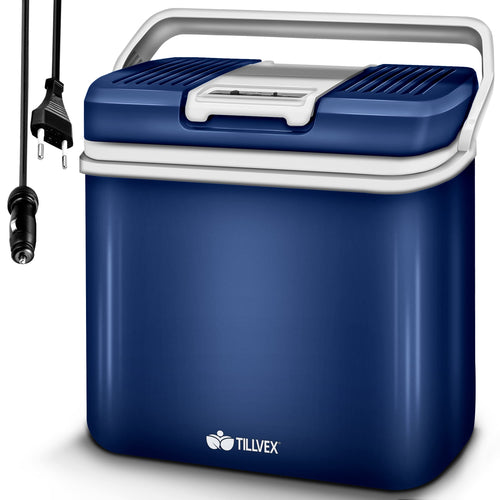 tillvex Kühlbox elektrisch 24L 12V/230V Kühlt & Wärmt – Blau. Rechteckige Box zum Kühlen/Warmhalten.