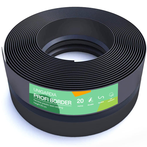Flexible Rasenkante Kunststoff schwarz – 20m x 20cm Beeteinfassung. Schwarzer Kunststoffstreifen zur Abgrenzung von Rasen und Beeten.