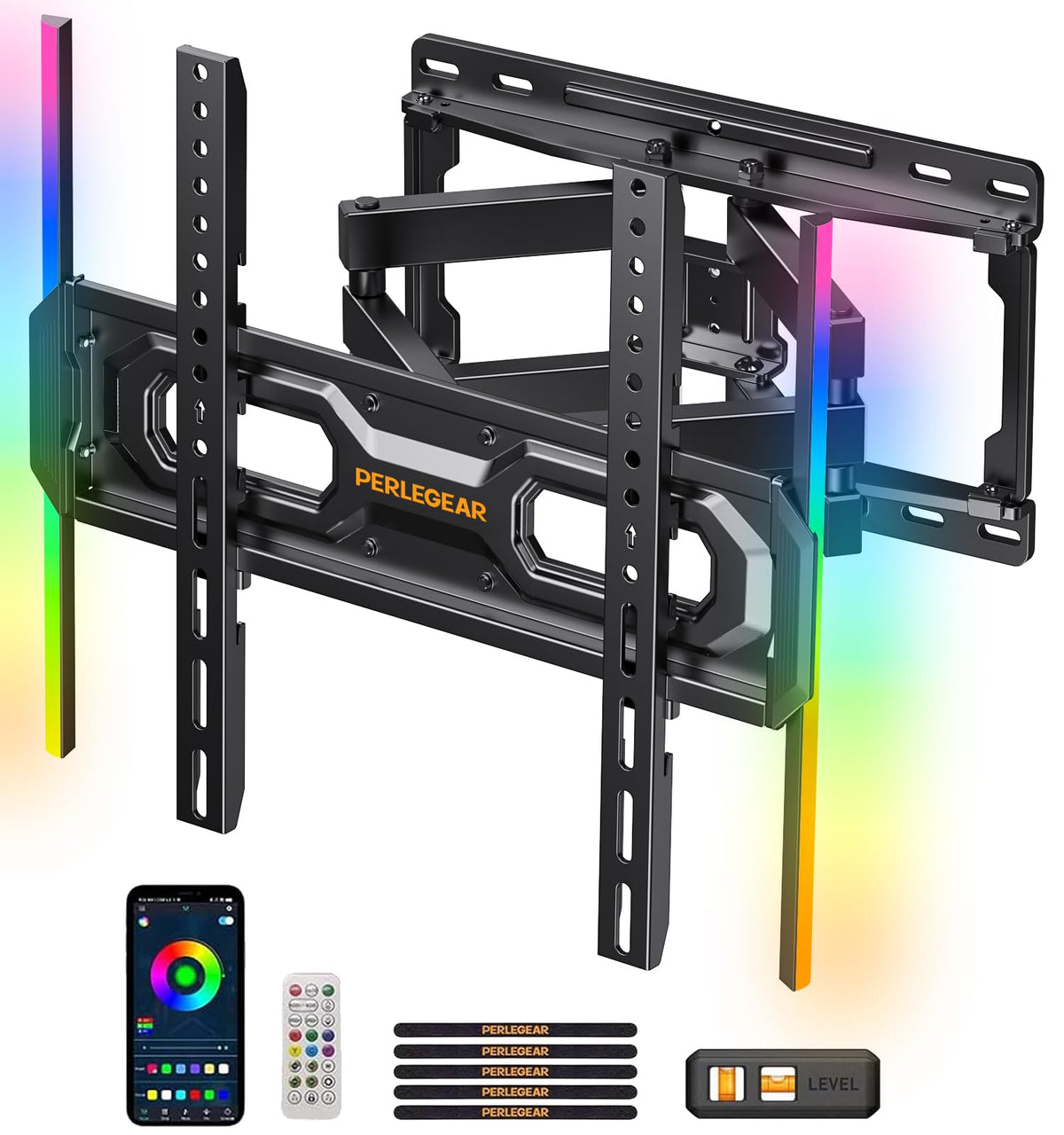 Perlegear TV Wandhalterung PGMF20 für 26-65 Zoll mit LED-Licht, schwenkbare Doppelflügelarme und Stahl-Wandplatte