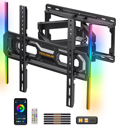 Perlegear TV Wandhalterung PGMF20 für 26-65 Zoll mit LED-Licht, schwenkbare Doppelflügelarme und Stahl-Wandplatte
