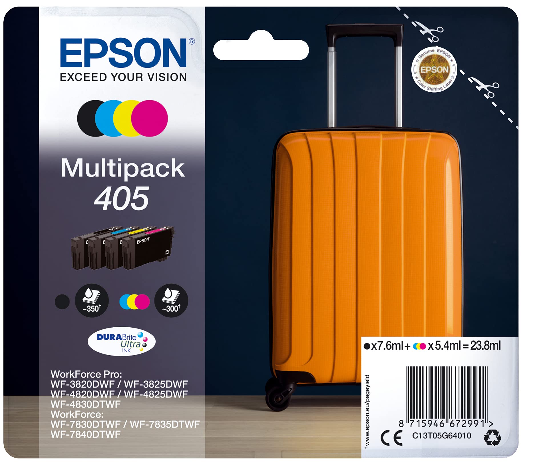 Epson Original 405 Multipack Tintenpatronen CMYK SEC. Vier Farbpatronen zum Erzeugen von Farbdrucken in Epson Druckern.